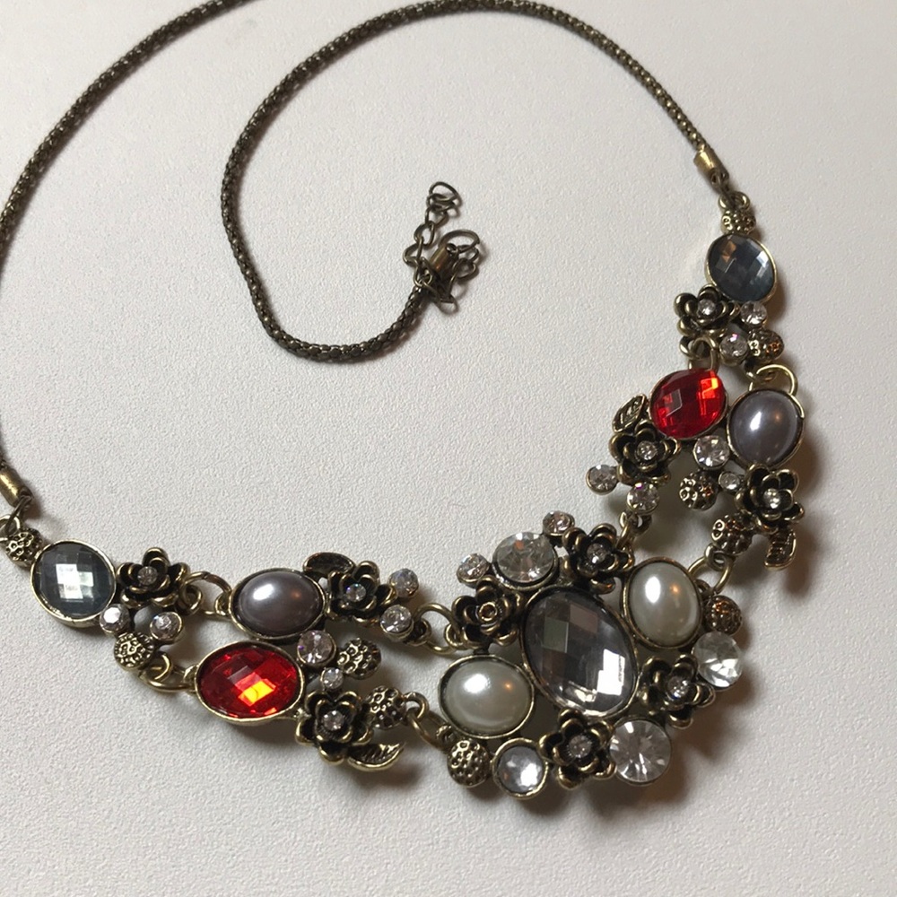 Rhinestone Statement Necklace Red and Grey